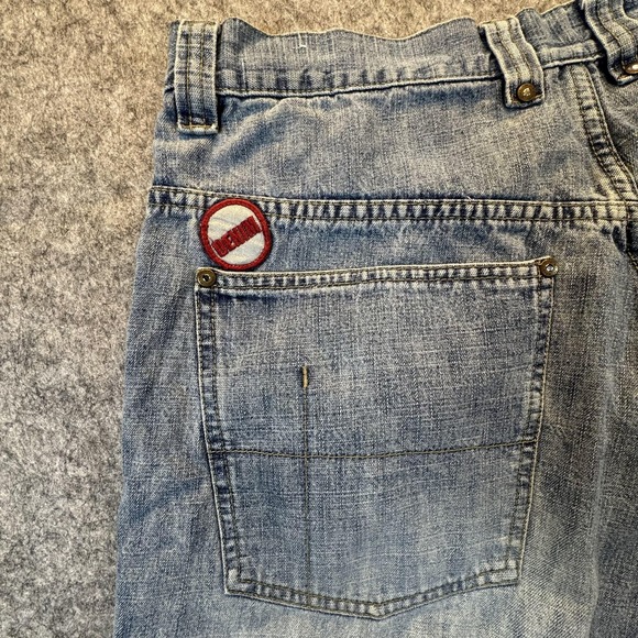 PJ Jeans Shorts Mens 36 Blue Denim Bermuda Relaxed Fit Distressed 94 Patches - Picture 12 of 16